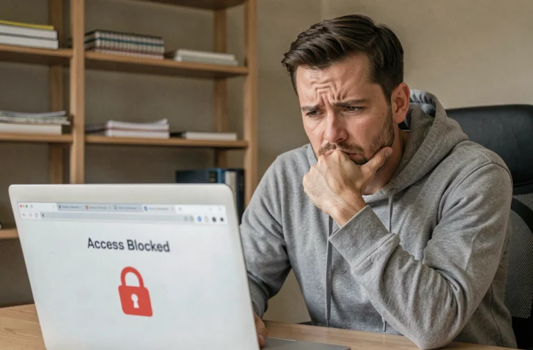 Homme frustré face à un message de blocage d'accès sur son ordinateur portable dans un bureau à domicile