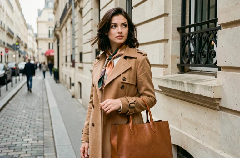 Femme élégante portant un trench coat camel, un foulard en soie et un sac en cuir cognac dans une rue parisienne