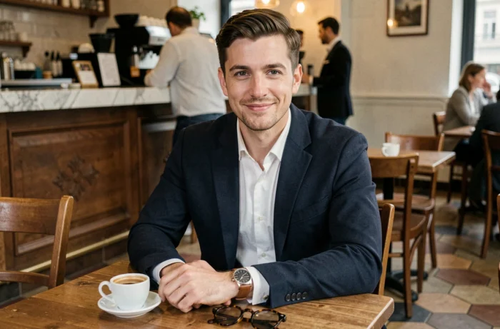 Homme élégant dans un café parisien avec montre en cuir, lunettes de soleil écaille et blazer marine