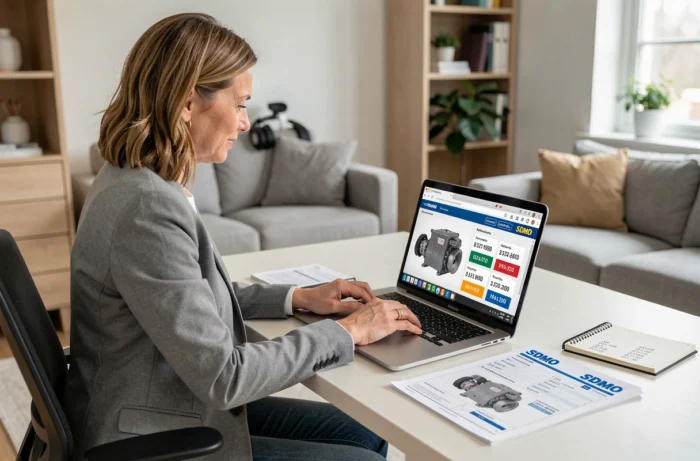 Femme recherchant des pièces SDMO fiables sur un site spécialisé depuis son bureau à domicile