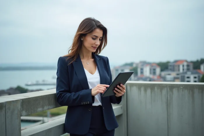 Femme cadre immobilier sur un balcon d'appartement moderne à Lorient avec vue sur la marina du Morbihan