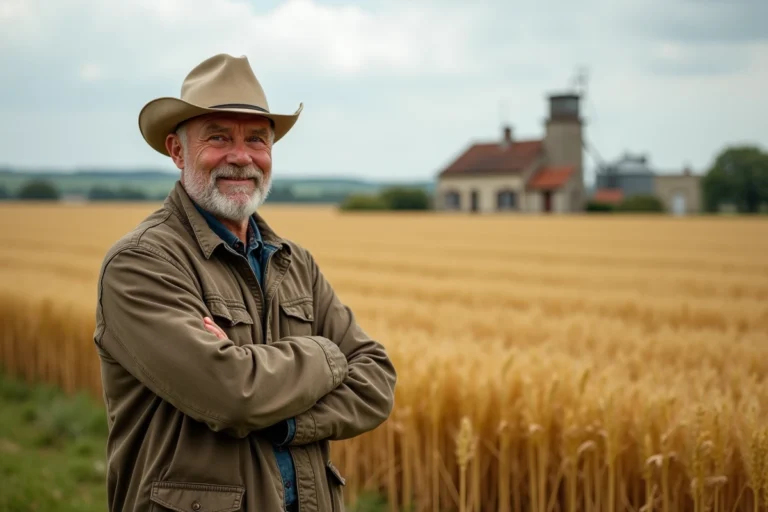 Agriculteur français prospère debout devant ses vastes champs de blé en Beauce, incarnant la réussite agricole