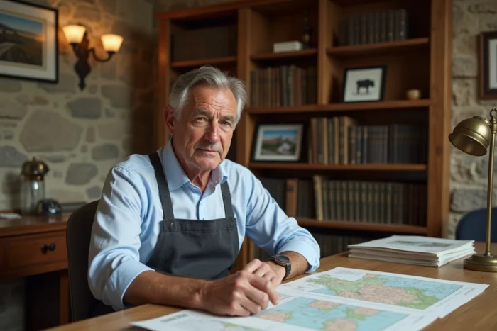 Agriculteur français prospère dans son bureau de ferme examinant des documents financiers et des cartes agricoles