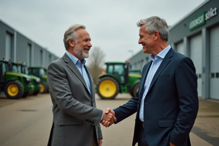Agriculteur français influent serrant la main d'un partenaire commercial devant une coopérative agricole moderne avec des tracteurs en arrière-plan