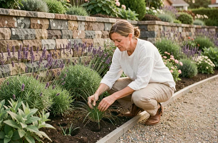 Femme aménageant un jardin naturel avec des graminées ornementales et des plantes vivaces le long d'une bordure en pierre