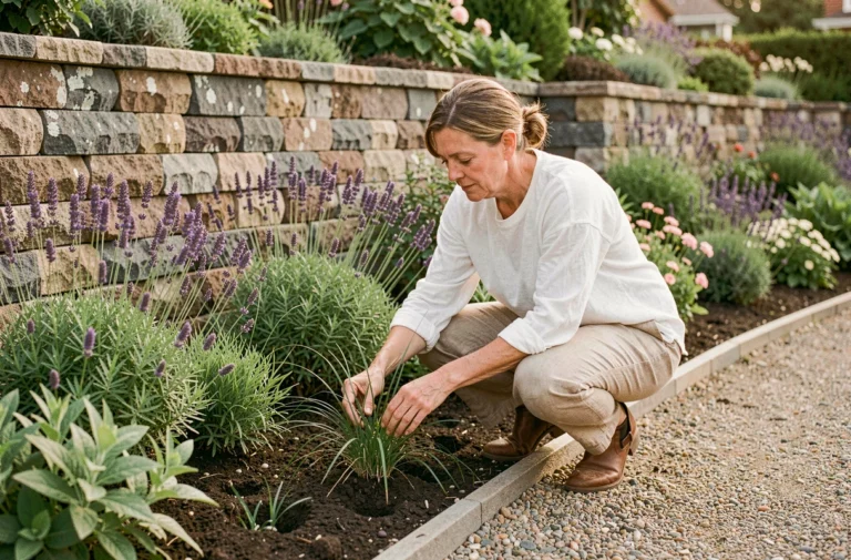 Femme aménageant un jardin naturel avec des graminées ornementales et des plantes vivaces le long d'une bordure en pierre