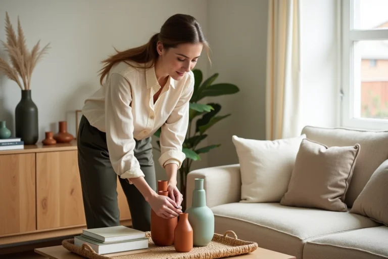 Femme arrangeant des vases décoratifs dans un salon moderne au style scandinave avec mobilier en bois naturel et canapé en boucle ivoire