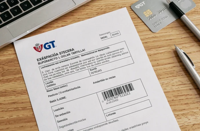 Vue du dessus d'un avis d'amende DGT espagnol posé sur un bureau avec carte bancaire et clavier d'ordinateur pour paiement en ligne