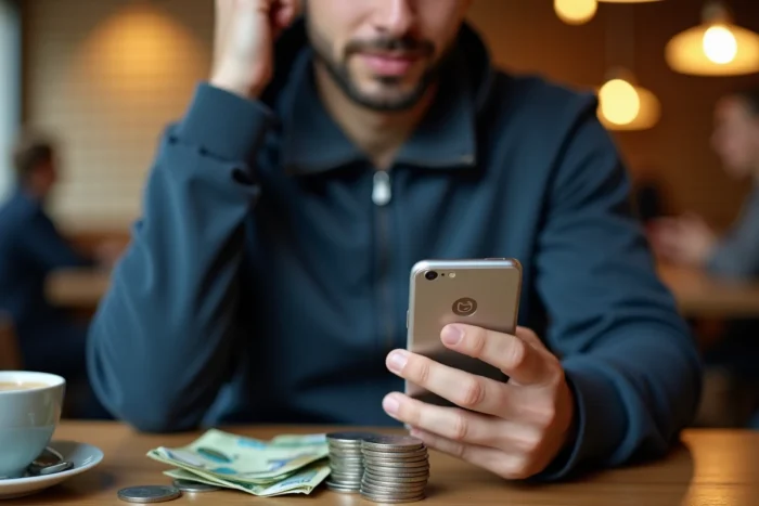 Homme consultant l'application BlaBlaCar sur smartphone avec des espèces posées sur une table de café, comparaison paiement numérique et cash