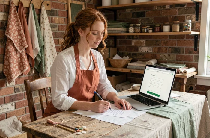 Femme artisane rédigeant un message de contact pour le site Bricoles De Louve dans un atelier créatif