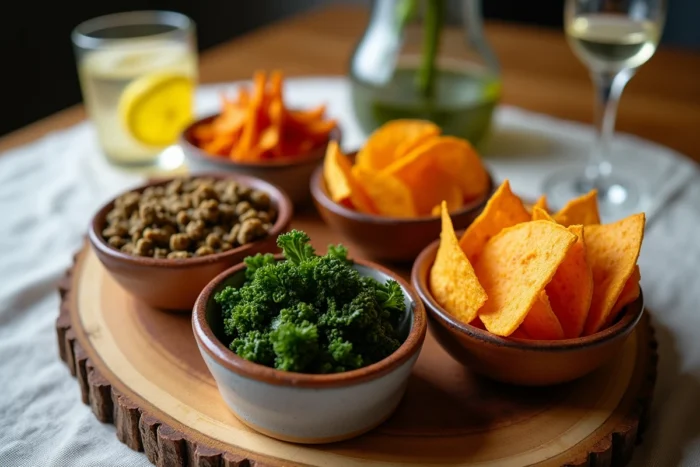 Assortiment de chips saines aux légumes et légumineuses dans des bols en céramique pour un apéritif