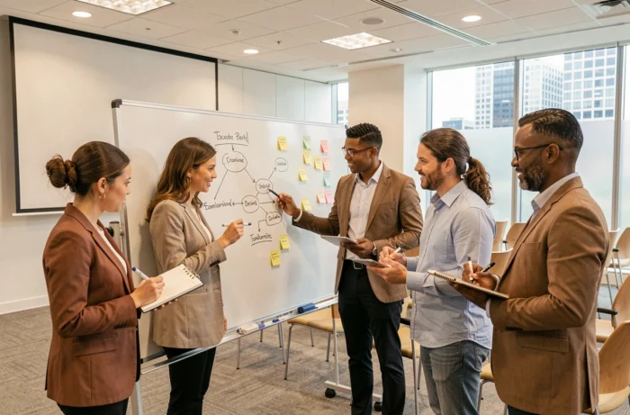 Groupe de salariés en atelier de formation présentielle autour d'un tableau blanc en salle de réunion