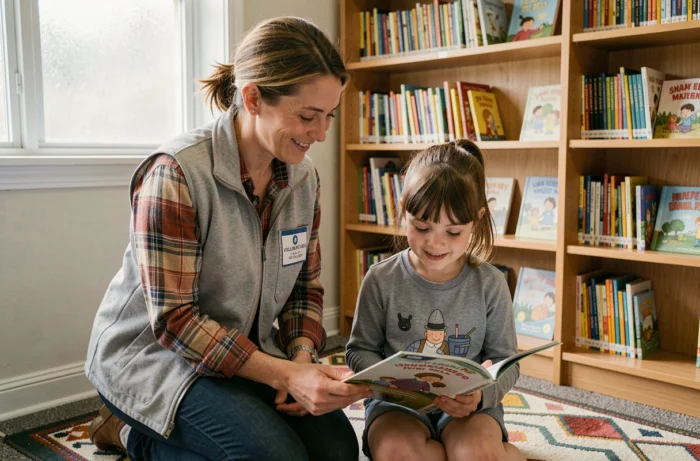 Bénévole adulte accompagnant une jeune fille dans sa lecture dans une bibliothèque associative, symbole de solidarité éducative