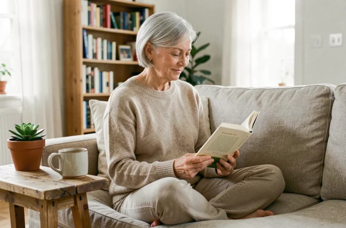 Femme mature lisant un livre de bien-être sur un canapé en lin avec une tasse de tisane pour un équilibre mental et physique
