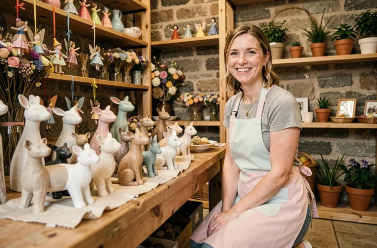 Artisane présentant des figurines animaux en céramique dans une boutique féerique décorée de fleurs séchées et de bois naturel