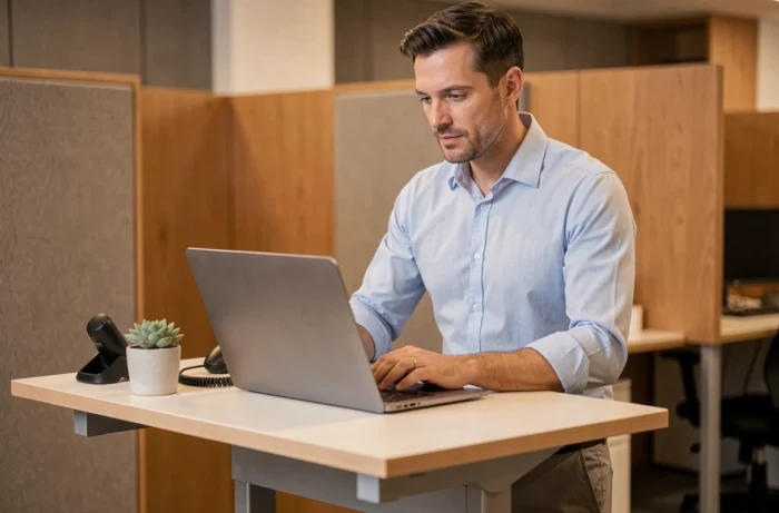 Professionnel masculin utilisant un bureau assis-debout ergonomique pour améliorer sa posture au travail