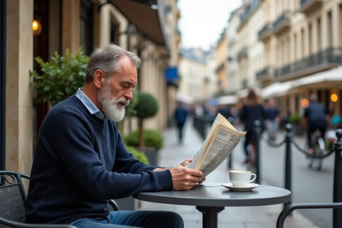 Homme lisant un journal en terrasse de café dans le quartier Saint-Anne à Rennes