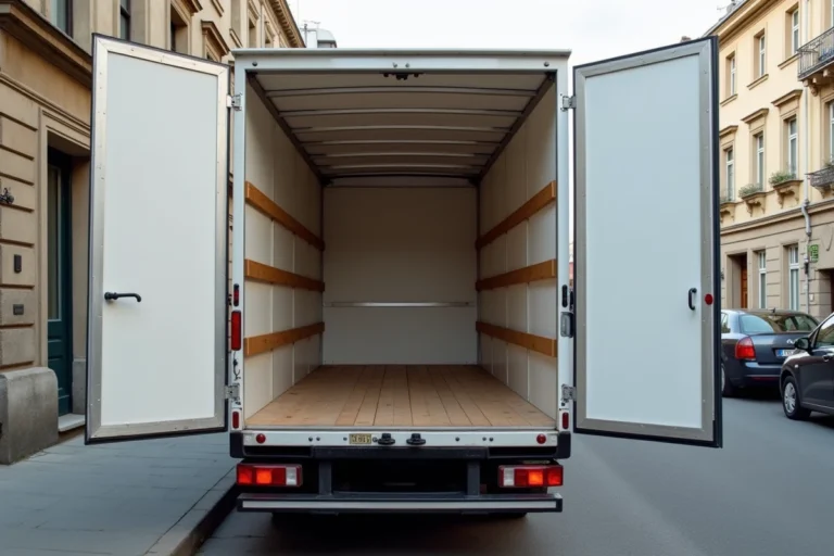 Camion 10 m3 blanc avec portes arrière ouvertes révélant la capacité utile du volume de chargement