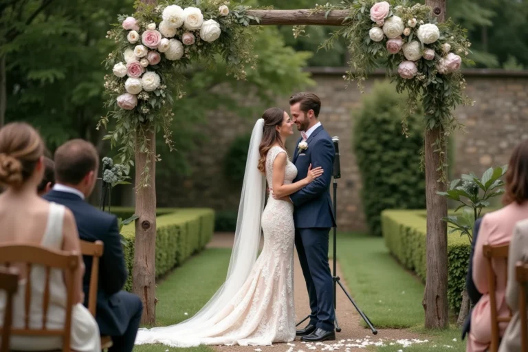 Mariés debout sous une arche fleurie lors d'une cérémonie de mariage en plein air dans un jardin de campagne française