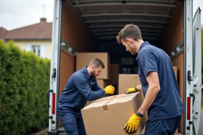 Déménageurs professionnels chargeant des cartons dans un camion 10 m3 lors d'un déménagement résidentiel