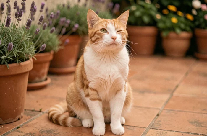 Un chat roux et blanc inconnu assis sur une terrasse de jardin regarde vers le haut avec une expression confiante et détendue