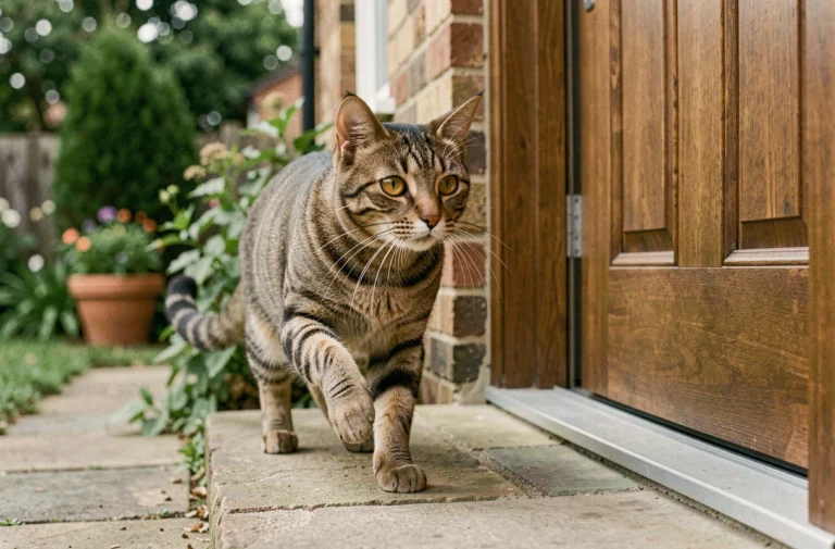Un chat tigré inconnu s'approche prudemment d'une porte d'entrée en bois, explorant un nouveau territoire avec curiosité