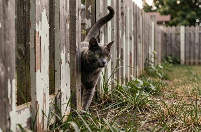Un chat gris inconnu se faufile par un trou dans une clôture en bois pour pénétrer dans un jardin privé