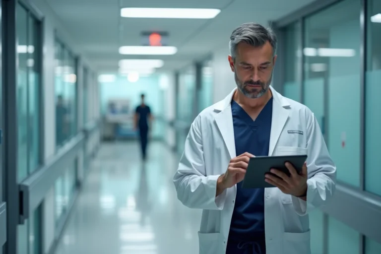 Chirurgien français en blouse blanche dans un couloir d'hôpital moderne consultant une tablette numérique, illustrant les métiers médicaux bien rémunérés en France