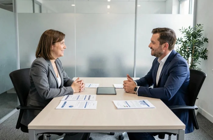 Séance de coaching emploi entre un conseiller et un candidat autour de documents de recherche d'emploi dans une salle de réunion moderne