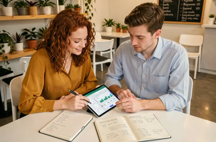 Deux professionnels collaborant sur une stratégie de référencement SEO avec tablette et notes dans un espace de coworking
