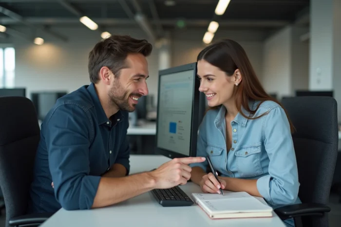 Deux collègues de bureau analysant ensemble un site internet pour une utilisation sécurisée et sans erreur