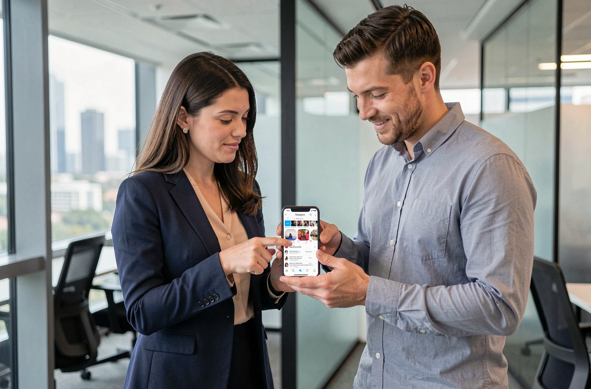 Deux collègues de bureau consultant ensemble les invitations envoyées sur Instagram sur un smartphone partagé