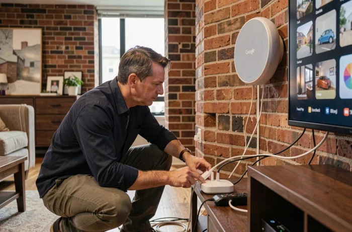 Homme configurant la Freebox Pop avec Google Home dans un salon moderne