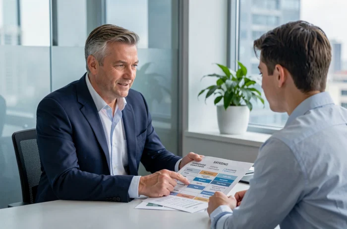 Conseiller en assurance expliquant un comparatif de contrats à un propriétaire dans un bureau professionnel