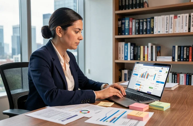 Consultante SEO analysant des rapports de référencement et des données de classement sur ordinateur portable dans un bureau professionnel