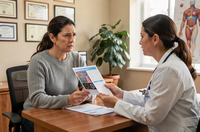 Patiente en consultation médicale recevant des informations sur les effets secondaires du gadolinium utilisé en IRM