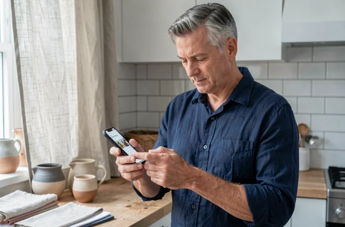 Homme consultant la page de contact d'un site artisanal sur smartphone dans une cuisine