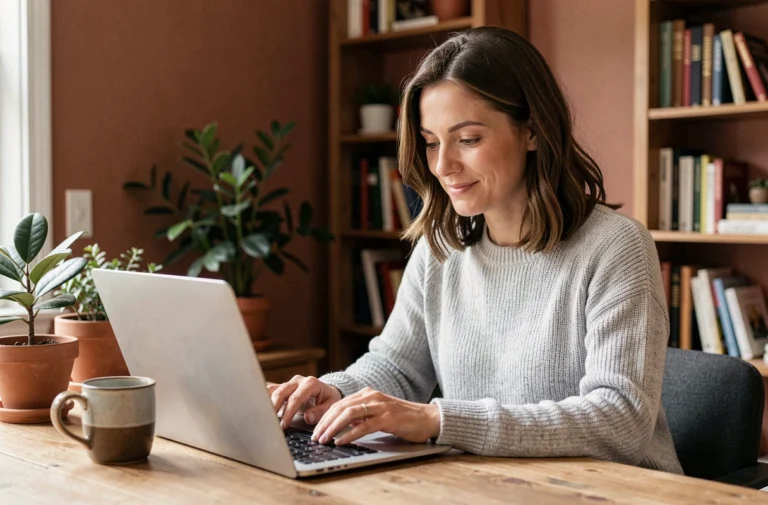 Femme contactant un site artisanal en ligne depuis son bureau à domicile via email