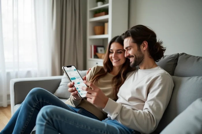 Couple comparant des offres de crédit sur smartphone dans un salon moderne et lumineux