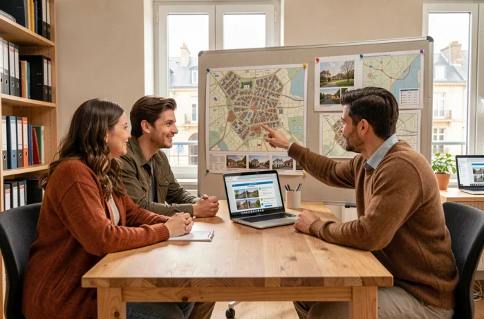 Couple de futurs propriétaires consultant un expert immobilier local autour d'une carte de quartier dans une agence moderne