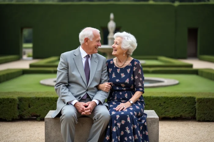 Couple distingué assis dans un jardin à la française partageant un moment complice