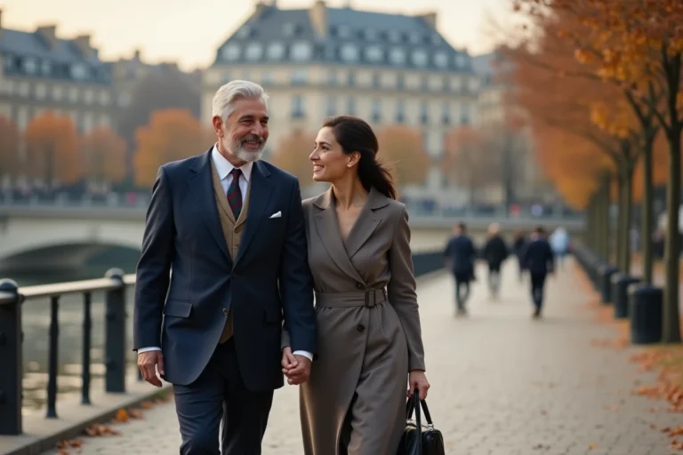 Couple élégant de soixantaine se promenant au bord de la Seine à Paris en automne