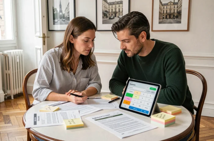Couple consultant un outil en ligne pour estimer le prix de vente de leur appartement parisien