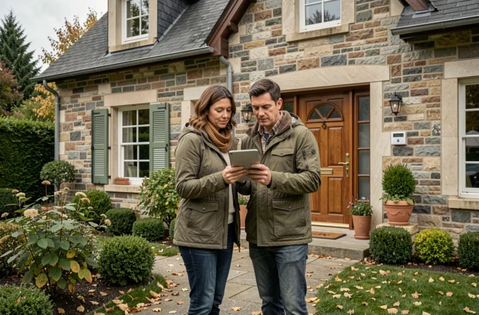 Couple devant leur maison en pierre consultant une tablette pour choisir une assurance immobilière