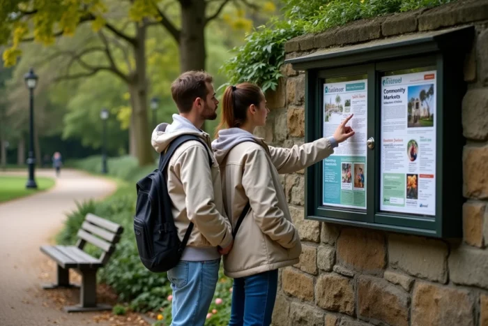 Couple découvrant des annonces et bons plans locaux sur un panneau d'affichage dans un parc