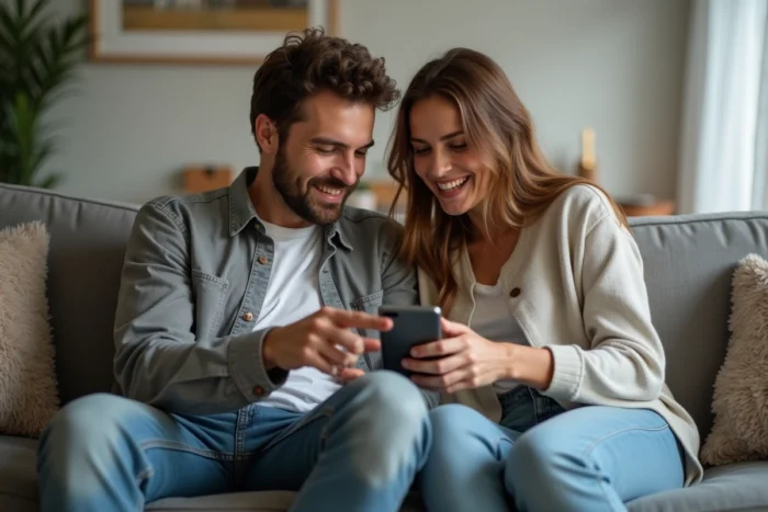 Couple recherchant des annonces immobilières sur smartphone dans un salon confortable