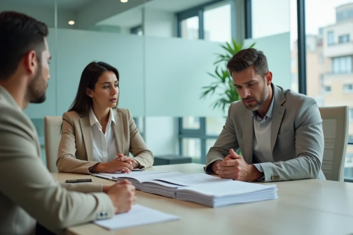 Couple inquiet face à un notaire lors d'une signature de vente immobilière bloquée