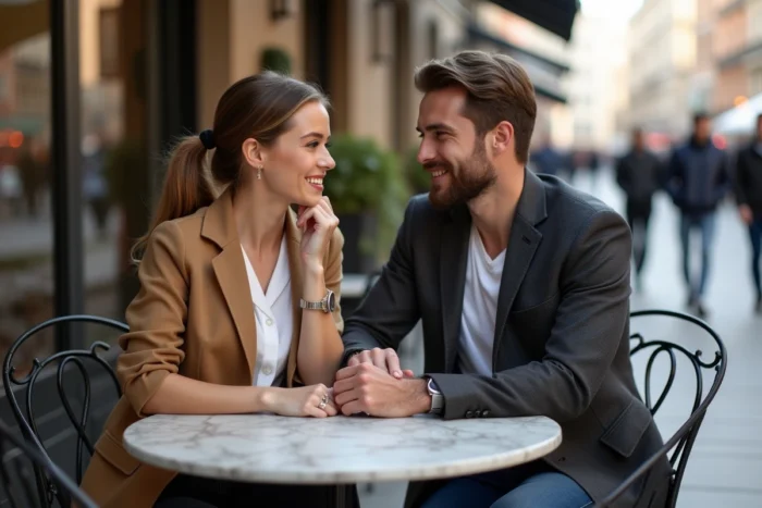 Couple complice attablé en terrasse de café dans une rue européenne animée
