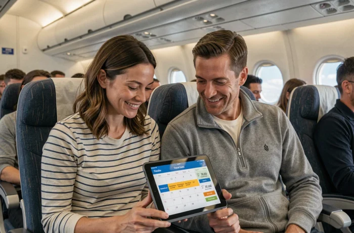 Couple en classe économique consultant un comparateur de dates flexibles sur tablette pour économiser sur leur prochain vol long-courrier