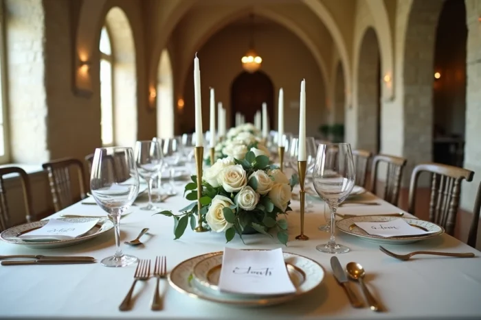 Table de réception de mariage décorée avec des roses blanches et de la vaisselle dorée dans un château français historique